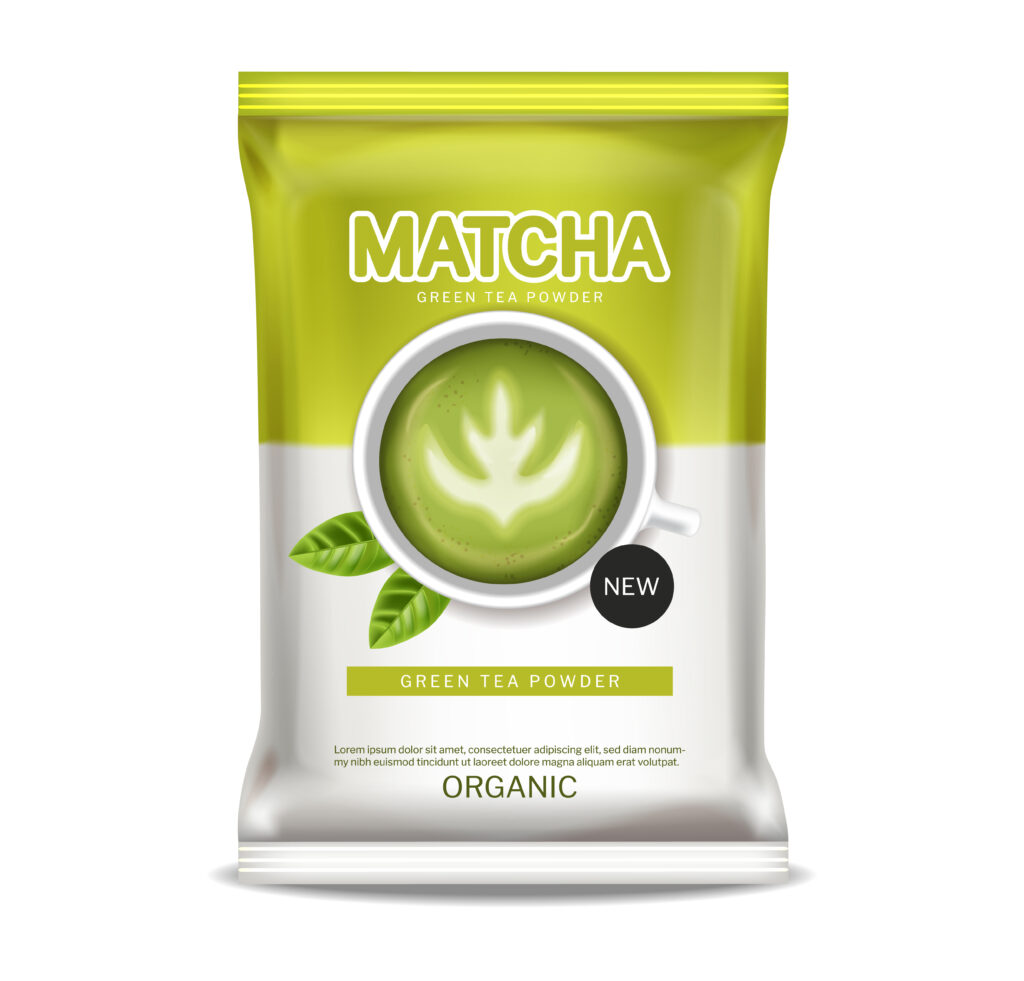 Matcha green tea powder vector realistic. Product placement mock up healthy drink label design