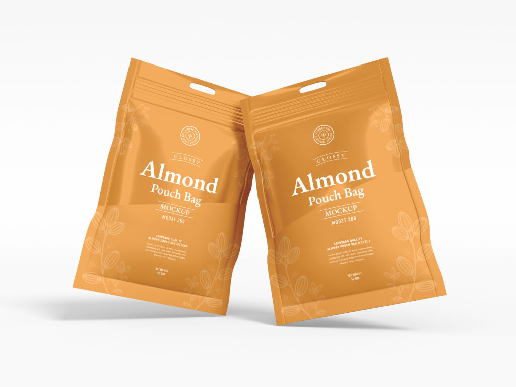 Glossy Foil Almond Pouch Packaging Mockup